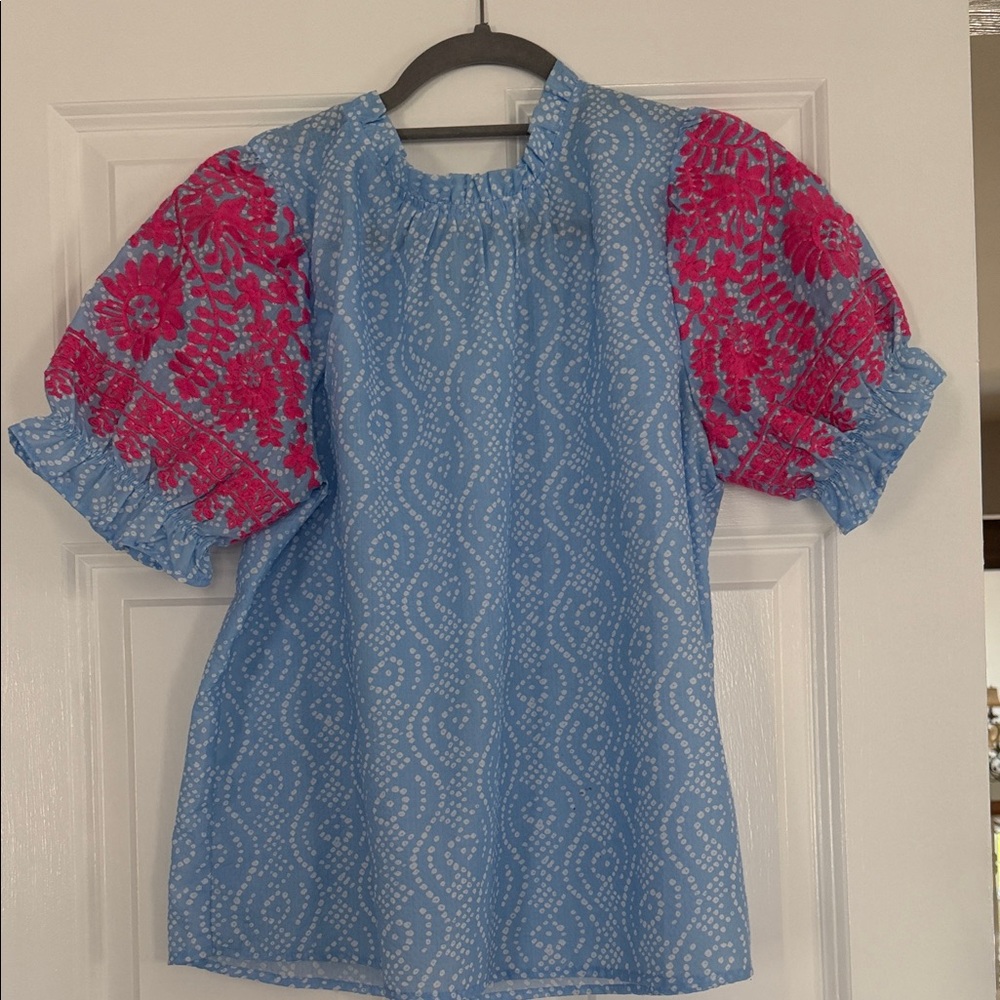 THML Blue Top with Pink Embroidered Puff Sleeves